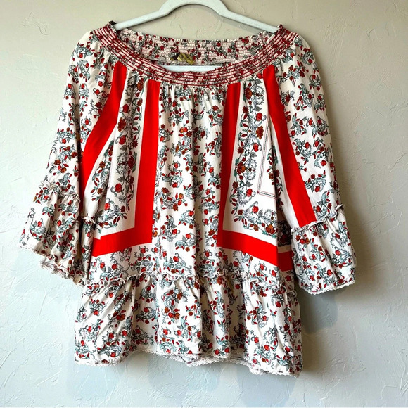 Dainty Floral Blouse Boho Ruffle Feminine Off Shoulder Lace Anthro cottage core - Picture 1 of 15